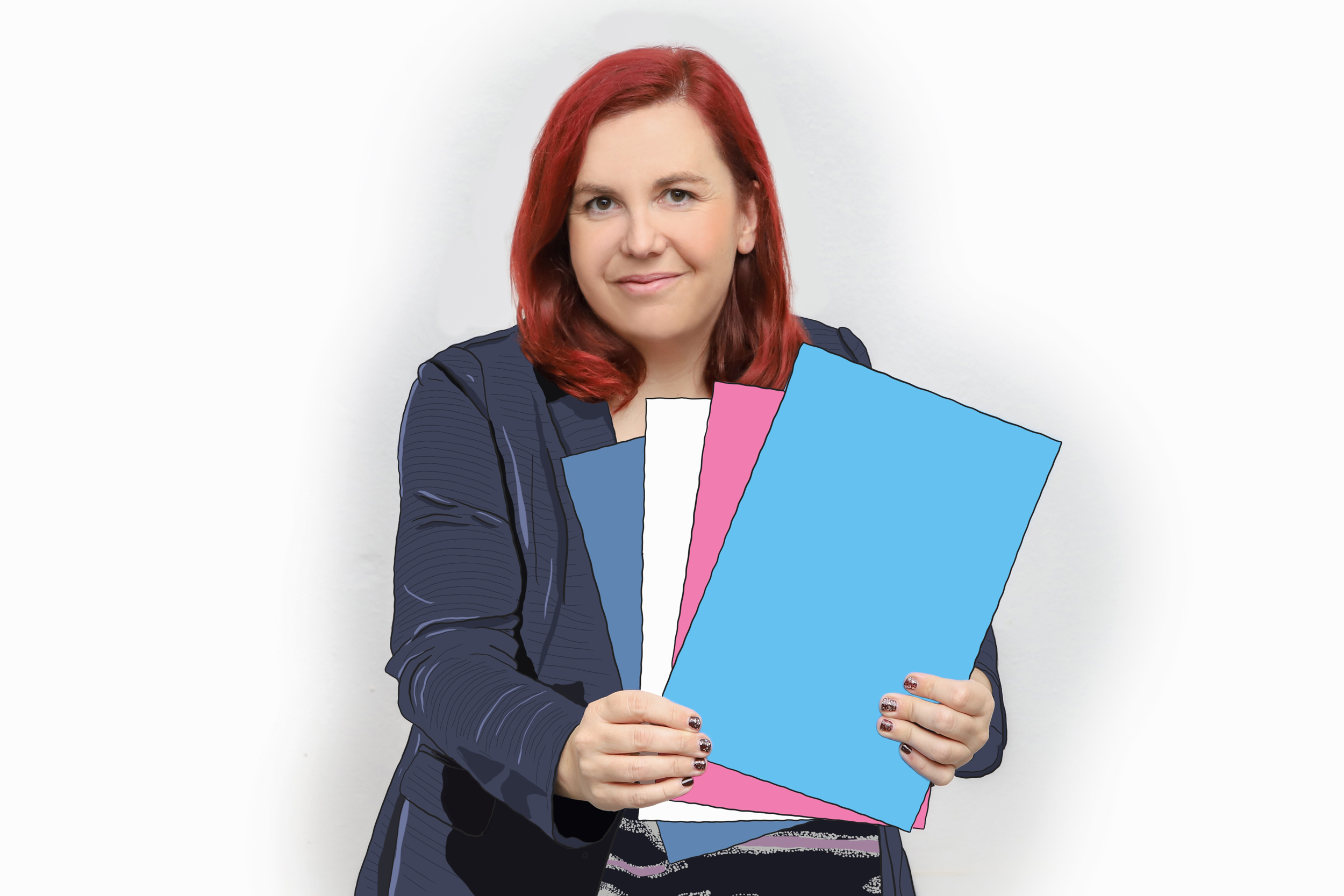 Nancy Nielsen, die Geschäftsführerin von Wandschutz Nielsen steht vor einer weißen Wand und hält Farbkarten in die Kamera.